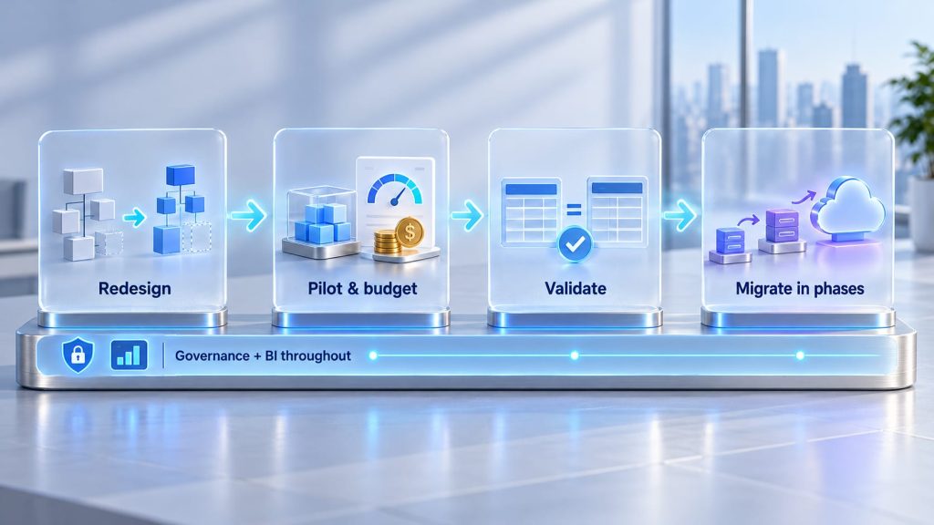 Cloud data warehouse migration in four phases: redesign, pilot and budget, validate, then migrate in phases, with governance and BI throughout