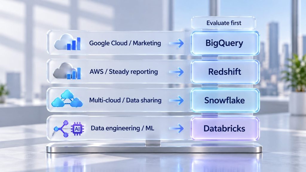 Which cloud data warehouse to evaluate first: BigQuery for Google Cloud and marketing data, Redshift for AWS reporting, Snowflake for multi-cloud and data sharing, Databricks for data engineering and ML